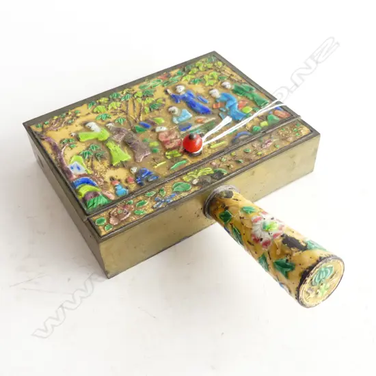 19THC BRASS ENAMELLED LIDDED CONTAINER WITH HANDLE (nuts/tobacco/sweets etc) 150 x 200mm (included handle)