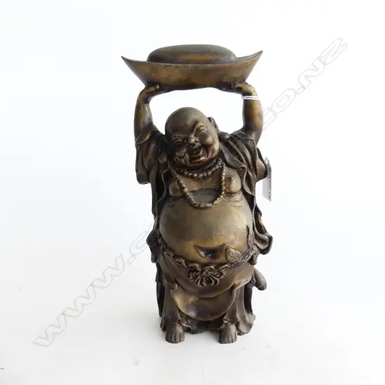 VINTAGE CHINESE BRONZE BUDDHA HOLDING A TAEL FOR WEALTH H.240mm