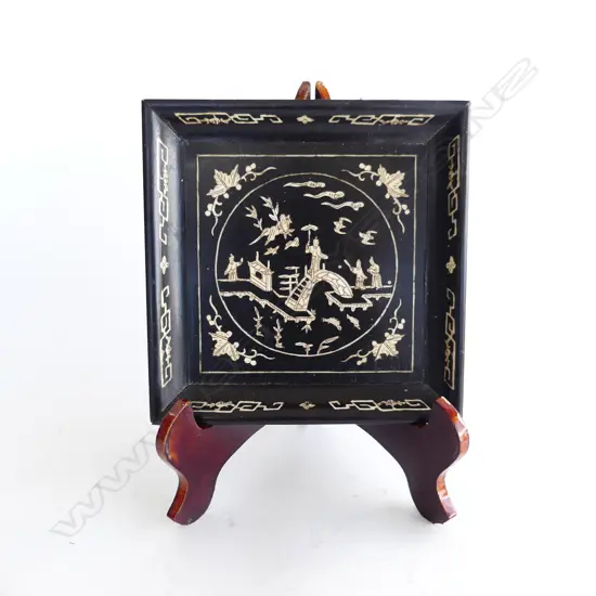 CHINESE EBONISED WOOD DISH WITH BONE INLAID DECORATION 200 x 200mm