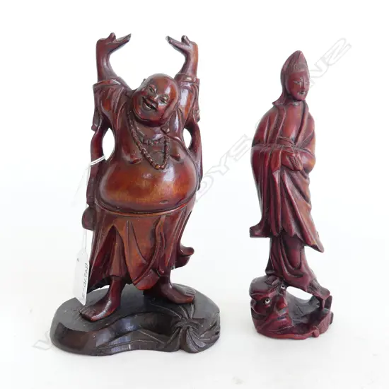 TWO VINTAGE CHINESE WOOD FIGURES BUDDHA AND KWAN YIN H.200