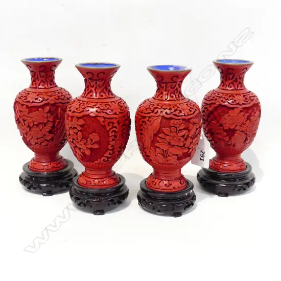 4 CINNABAR VASES ON STANDS H.150mm