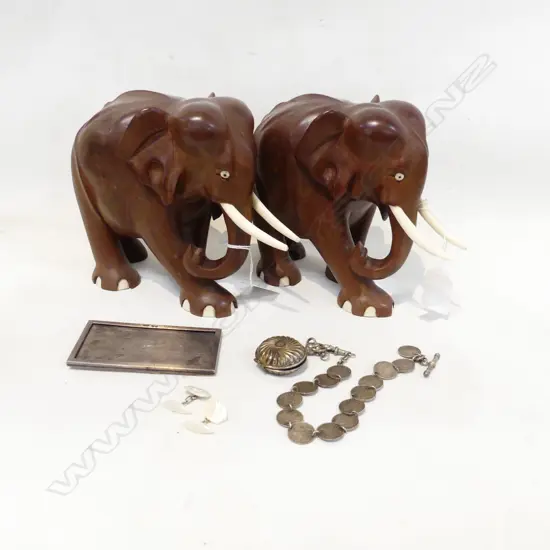 TWO HARDWOOD ELEPHANTS WITH BONE TUSKS & BAG SILVER JEWELERY