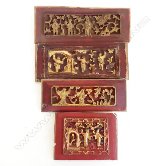 FOUR CHINESE ANTIQUE CARVED WOOD PANELS - various sizes/red and gold paint/damage commensurate with age