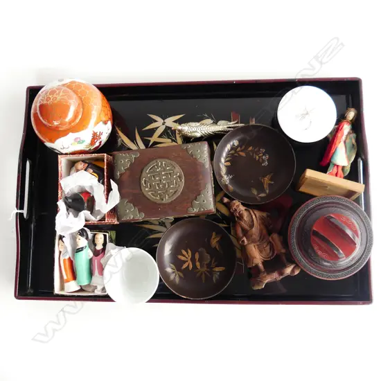 ORIENTAL TRAY N480MM WITH 12  CHINESE COLLECTABLES WOOD CHINA ETC