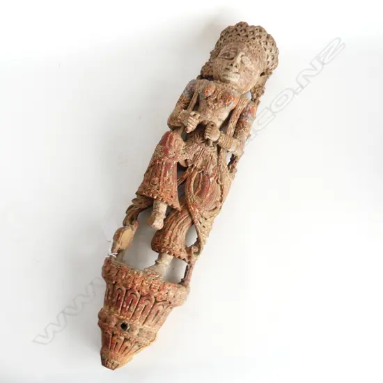 PAINTED WOODEN CARVED TEMPLE FIGURE FROM GUJARAT INDIA H.555mm