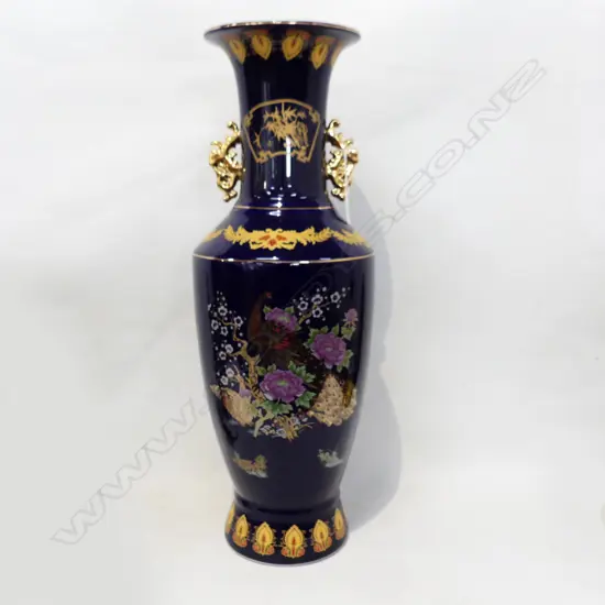 TALL BALUSTER SHAPED FLOOR VASE SEVRES BLUE COLORWAY & GILT DETAIL DEPICTING PEACOCK & PHEASANT H. 620mm