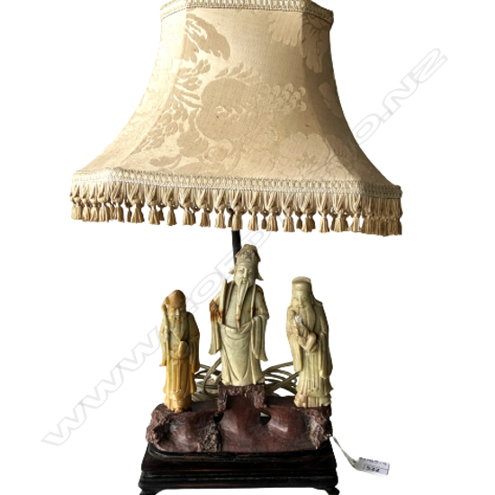 VINTAGE CHINESE carved soapstone TABLE LAMP WITH 3 ORIENTAL FIGURES, H. 430mm