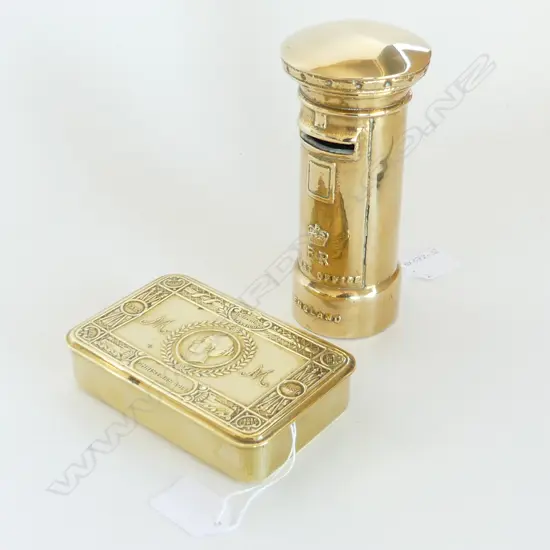 HEAVY BRASS POST BOX MONEY BOX, H. 160mm & BRASS 1914 SOLDIERS MEMEMTO GIFT BOX 130 X 85mm