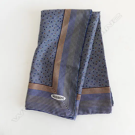 MISSONI ITALIAN SILK SCARF WITH LABEL, NAVY/CARAMEL, EXCELLENT COND. 67CM SQ
