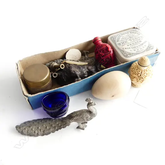 ASST. ITEMS; METAL BUFFALO & PR PEACOCKS L.125mm, 2 RESIN SNUFF BOTTLES ETC