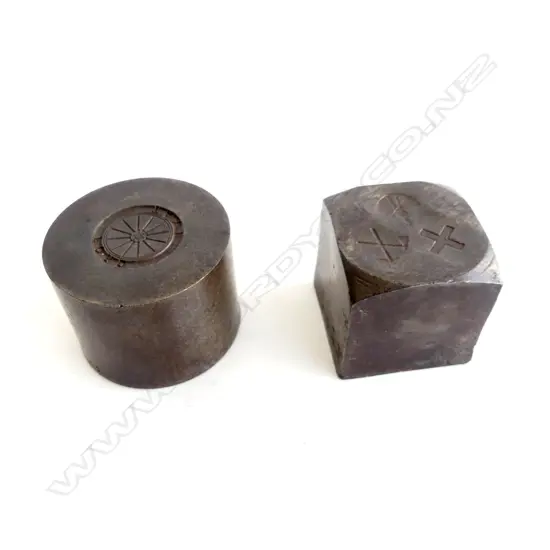 2 UNCOMMON EARLY 20thC NZ STEEL BADGE STAMP DYES:1 W 3 FIREMAN'S BADGES + 1 'TAXI' & with wheel symbol. Ex. Wgtn firm.