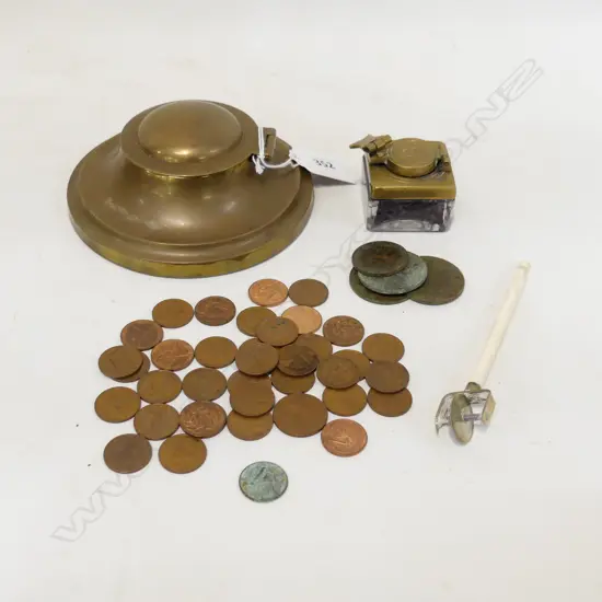 2 INKWELLS 120mm dia, ASST. COINS
