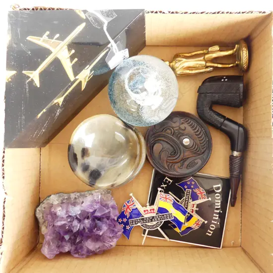 BOX OF SMALL ITEMS concorde paperweight.Glass paperweight. ebony pipe. Returned Services badges. etc