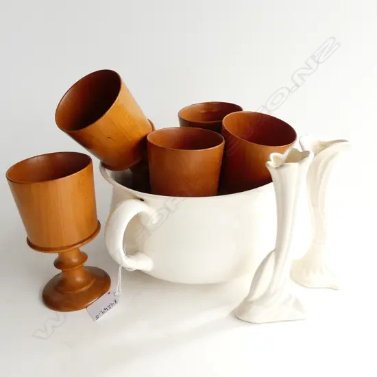 PAIR CROWN LYNN VASES (chip)/6 WOODEN GOBLETS/CHAMBER POT