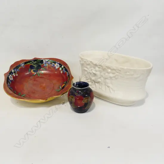 WHITE CERAMIC TROUGH WITH FIGURES IN RELIEF 270X140mm GRIMWADES BOWL Dia 250mm & SMALL DAMAGED MOORCROFT  VASE H.90mm