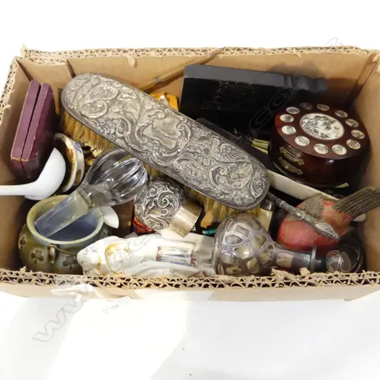 BOX LOT VARIOUS INCLUDES STERLING BRUSH PERFUME BOTTLE COMPASS GLOVE STRETCHERS ETC . 