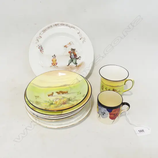 10 PCES ROYAL DOULTON; 6 NURSERY RHYMES PLATES, TRIO & PANSIES DEMITASSE CUP
