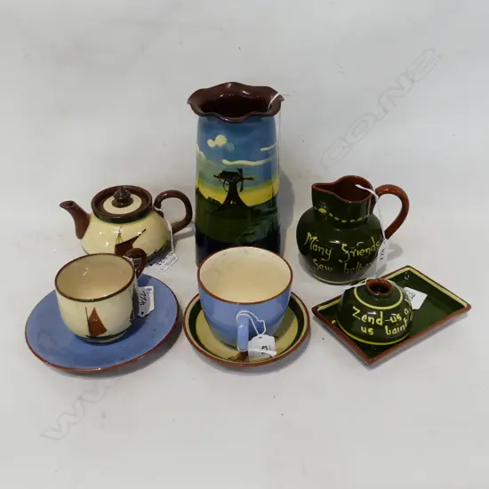 7 PCS TORQUAY WARE IN BLUES & GREENS, VARIOUS MOTIFS, VASE, JUG, TEAPOT, 2 CUP & SAUCER, SML VASE & DISH
