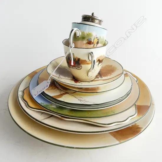 11 PCES ROYAL DOULTON COACHING DAYS INCL. YELLOW DOOR; 8 PLATES 260mm dia, 2 CUPS, SIFTER
