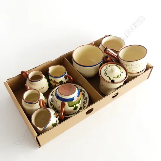 10 PCS TORQUAY WARE - COTTAGE MOTIF, 5 SML JUGS, SUGAR BOWL, TEACUP & SAUCER, 2 SOUP CUPS, MUG
