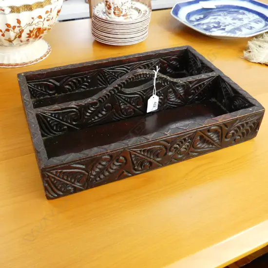 CARVED WOODEN CUTLERY BOX w. MAORI DESIGN 385x265mm