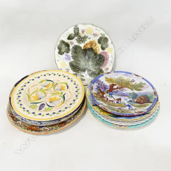 10 ASST. ANTIQUE PLATES INCL. 1 GOOD WEDGWOOD LEAF MAJOLICA