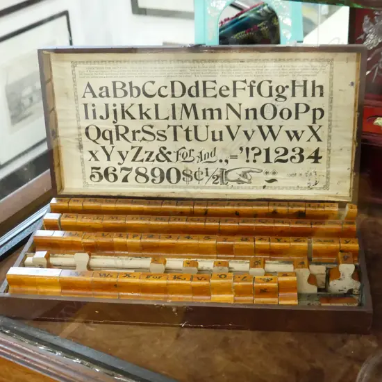 VINTAGE BOX OF TYPOGRAPHY STAMPS, MADE IN THE USA