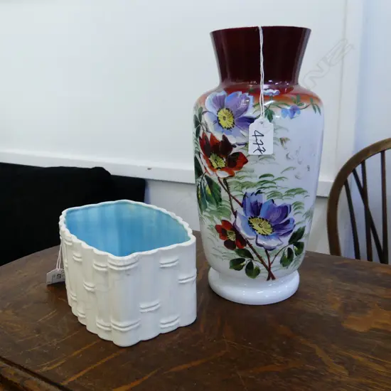 ENGLISH ROYAL NORFOLK TROUGH VASE + HAND PAINTED MILK GLASS VASE H