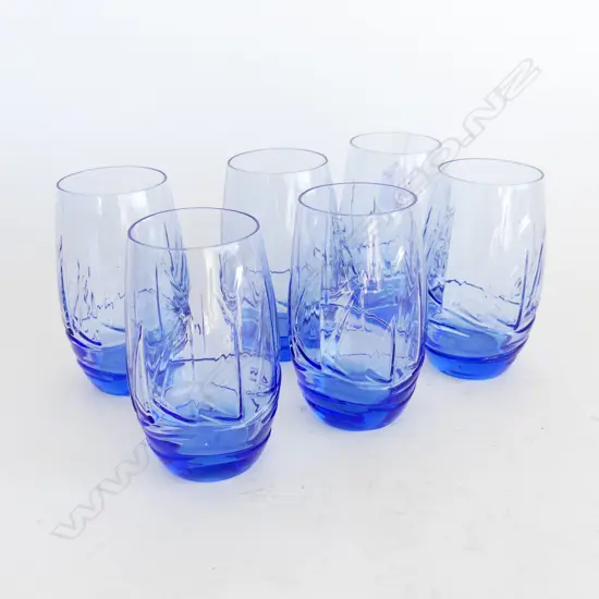 SET OF 6 LARGE BLUE GLASS TUMBLERS IMPRESSED WITH YACHTS H. 135MM