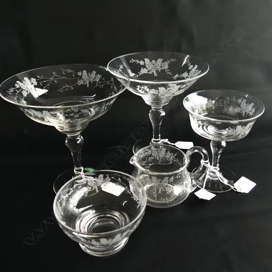 5 PCS STUART CRYSTAL GRAPE ETCHED PR COMPORTS H165MM BON BON 120MM & CREAM SUGAR H60MM