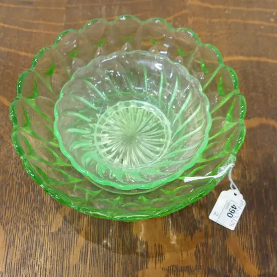 2 GREEN URANIUM GLASS BOWLS 195mm dia