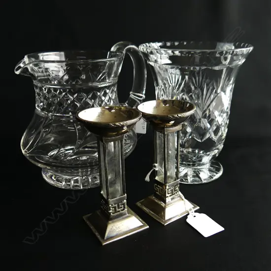 WEBB CORBET CRYSTAL VASE H160MM STUART CRYSTAL JUG H160MM & PR DECO POSSIE VASES H100MM