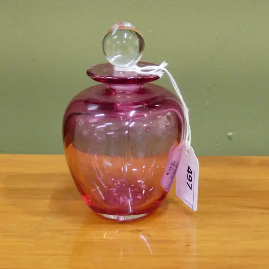 PETER RAOS ART GLASS CRANBERRY COLORED PERFUME, SIGNED & DATED '88 TO BASE, 60 x 95mm