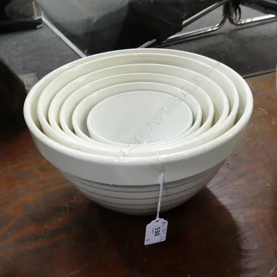 6 GRADUATING BEEHIVE MIXING BOWLS; HAIRLINES / CRAZING 275mm dia