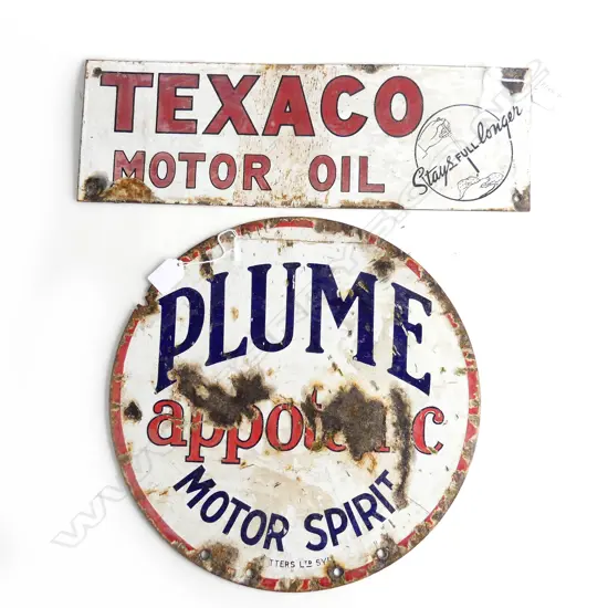 2 MOTORING SIGNS. PLUME CIRCULAR 270 dia & 'TEXACO MOTOR OIL' 160X45mm