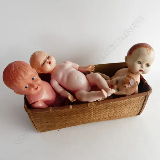 WOVEN CANE BASKET L500MM & CONTENTS 4 VINTAGE DOLLS