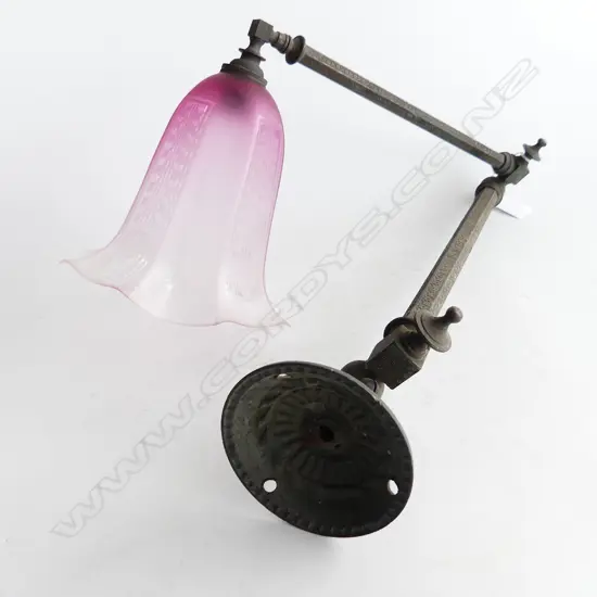 ANTIQUE WALL MOUNTED SWING LAMP w. CRANBERRY SHADE L.415mm