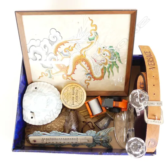 BOX OF SMALL ITEMS: Asian dragon w/c. Belt. 21st key. Paste lid. Glass paperweight etc