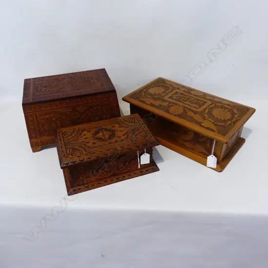 THREE CARVED BOXES ONE KAURI MIZPAH FROM ROTORUA 350mm KAURI CHIP CARVED 280mm & OAK SCROLLED 250mm
