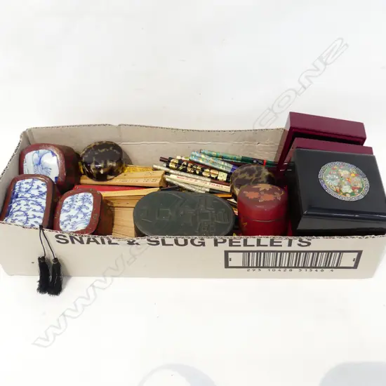 BOX LOT ASST. CHOPSTICKS, FANS, LIDDED CONTAINERS ETC