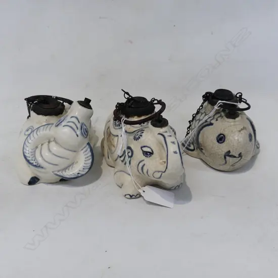 3 PORCELAIN OPIUM PIPES AS ELEPHANT FISH AND COW. 