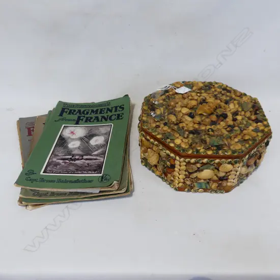 FOLKART SHELL COVERED SEWING BOX WITH MANY THIMBLES  & 6 'FRAGMENTS OF FRANCE ' MAGAZINES ( BAIRNSFATHER ILLUSTRATED)