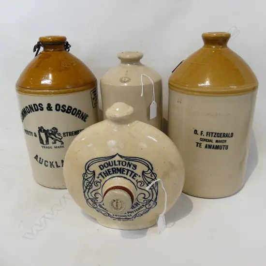 4 STONEWARE ITEMS. SIMMONDS & OSBOURNE + FITZERALD TE WAMUTU CROCKS & 2 BEDWARMERS.( ONE DOULTON)