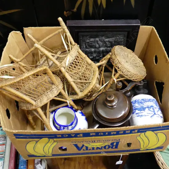 BOX LOT 4 PCES CANE DOLL FURNITURE ,B/W VASE, BOROBUDUR TILE, DELFT COFFEE GRINDER ETC