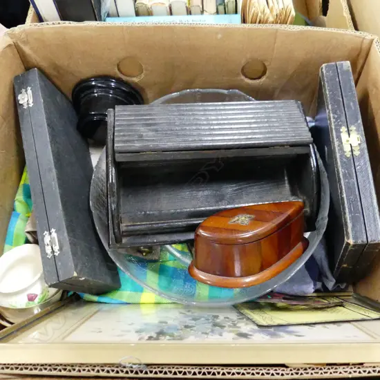 BOX LOT ASST.; CASED CUTLERY, GLASS BOWLS ETC