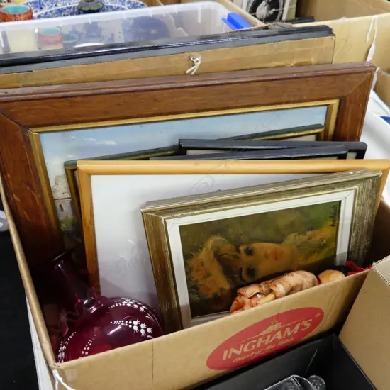 BOX LOT FABRIC, DOLL, RUBY GLASS VASE, RECORDS, ART