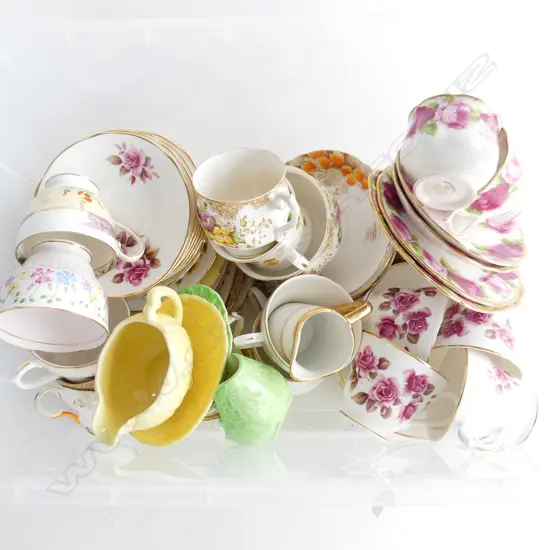 BOX LOT ENGLISH CHINA TRIOS, INCLDS ROYAL ALBERT 'OLD ENGLISH ROSE'