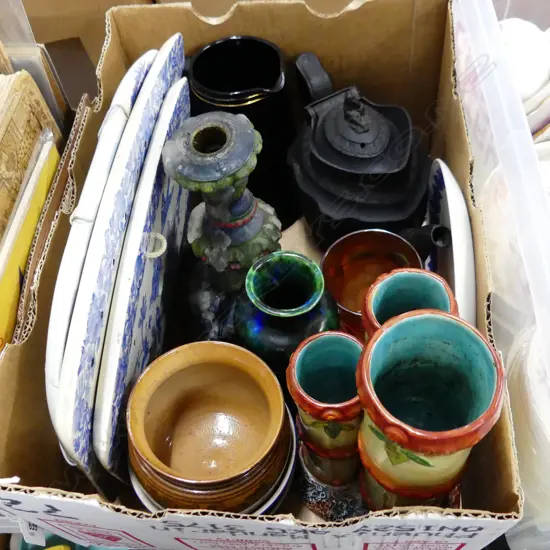 ASST. ANTIQUE CHINA INCL. BLACK JASPERWARE TEA POT (REPAIRED), 3 DRAINERS AF, ETC