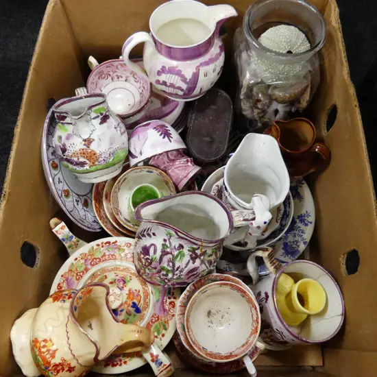 BOX LOT ASST. ANTIQUE CHINA; LUSTRE, 3 EGG CUPS, OPERA GLASSES, SHELLS