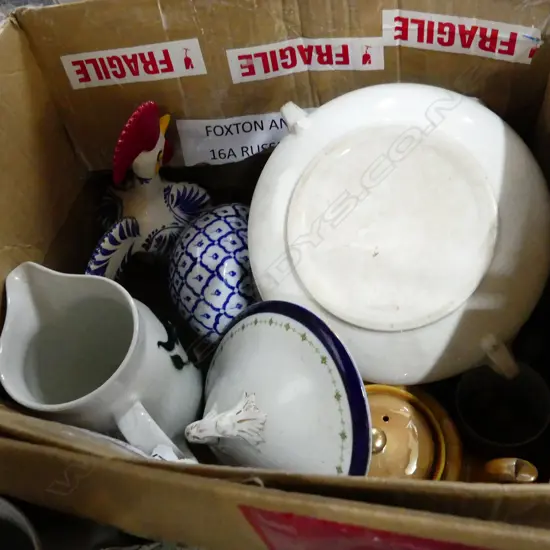 BOX LOT CHINA INCLUDING BL/WH TERRINES AND CHICKEN 